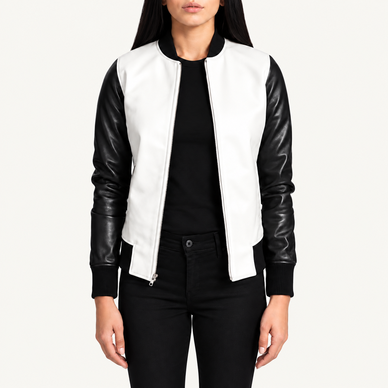 Black and White Women's Black & White Leather Bomber Jacket – Classic Two-Tone Style Gallery